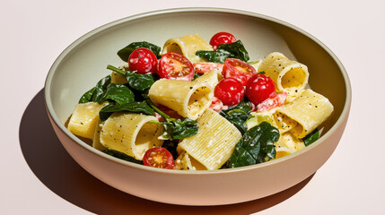 delicious bowl of pasta featuring fresh spinach, cherry tomatoes, and creamy sauce, perfect for healthy meal