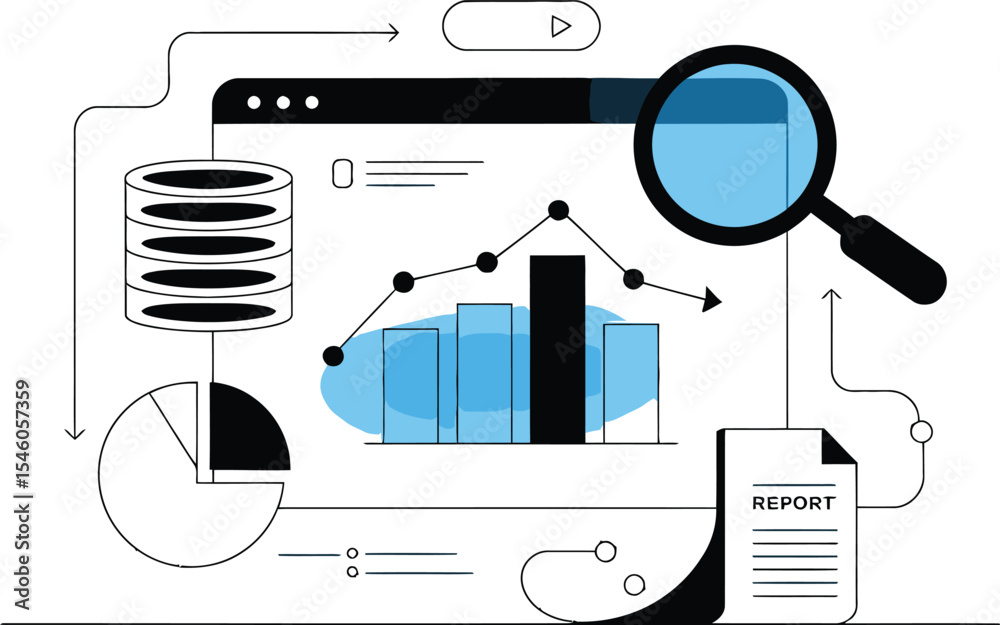 Poster data analysis and reporting concept illustration with charts graphs magnifying glass and database