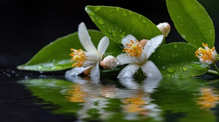 Stunning photo of close-up of neroli blossoms and leaves reflecting water droplets.