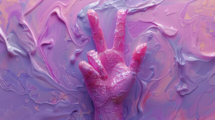 Three-Finger Hand Gesture in Abstract Paint Swirl