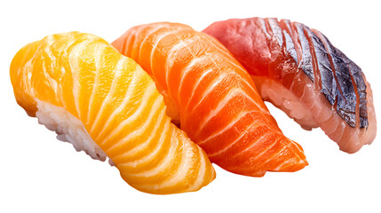 Three delicious nigiri sushi pieces isolated on transparent background