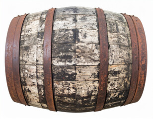 Old grunge oak barrel isolated on white background, whiskey aging cask, rustic wine storage, clipping path