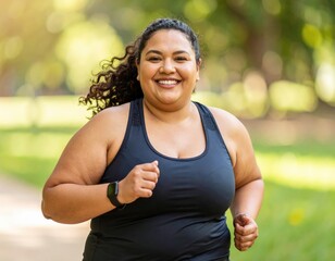 Smiling woman with curly hair jogging in a park on a sunny day
