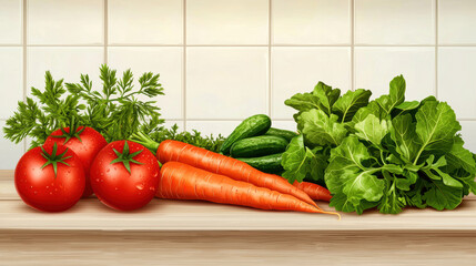 Fresh vegetables including tomatoes, carrots, cucumbers, and leafy greens arranged wooden countertop, showcasing vibrant