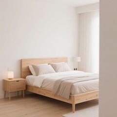 Minimalist Bedroom with Natural Wood Bed Frame, Soft Beige Bedding, and Warm Ambient Lighting