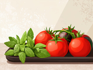 Fresh heirloom tomatoes and vibrant herbs arranged on tray create delightful culinary scene