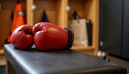 Red boxing gloves resting on a bench in a gym locker room