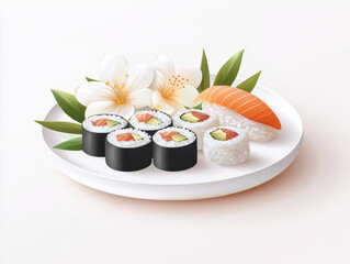 Delicious sushi platter featuring rolls, salmon, and garnished with flowers and leaves, perfect for food lovers