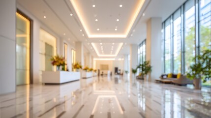 Stunning photo of blurred hotel or office building lobby blur background interior view toward reception hall modern luxury white room space with blurry corridor and building.