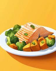Delicious grilled salmon served with vibrant broccoli and roasted sweet potatoes on white plate, perfect for healthy meal