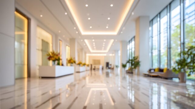 Stunning photo of blurred hotel or office building lobby blur background interior view toward reception hall modern luxury white room space with blurry corridor and building. - Powered by Adobe