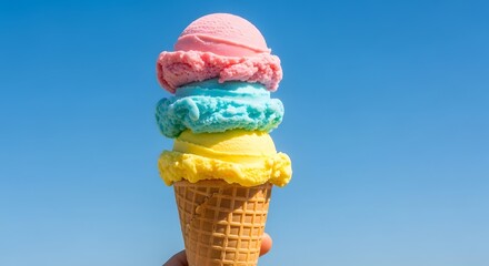 A colorful ice cream cone with three scoops against a clear blue sky on a bright sunny day outside