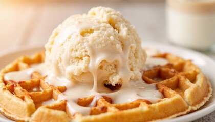 Waffle topped with melting ice cream and drizzled sauce on plate  