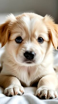 A small, fluffy puppy with a light golden coat and dark eyes rests on a soft surface. Its ears are floppy and it has a cute, curious expression.