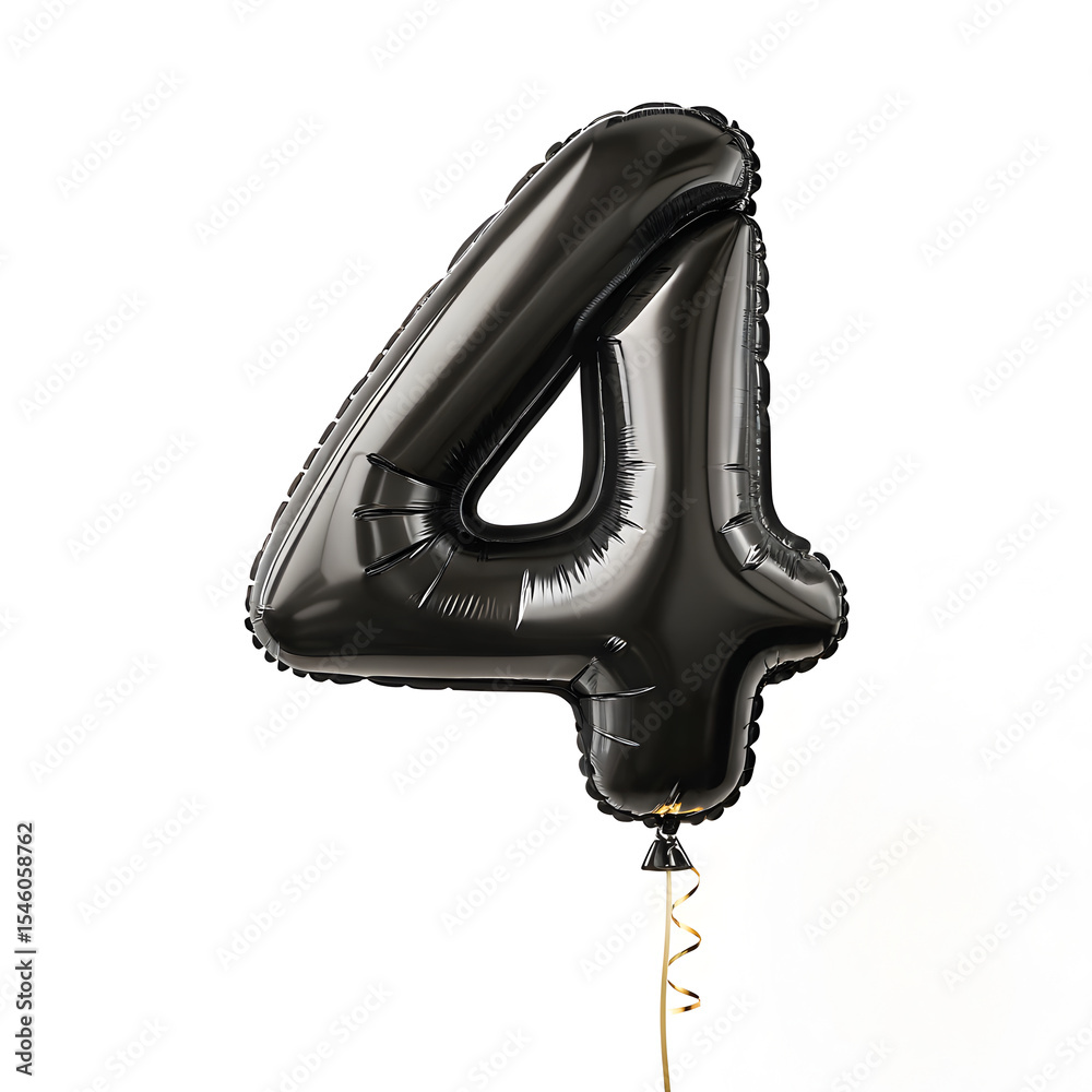 Fototapete a balloon shaped like the number 4,matte black metallic finish with realistic reflections and smooth