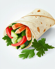 Delicious wrap filled with fresh vegetables, including cucumber, tomato, and protein strips, garnished with herbs