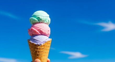 A triple scoop ice cream cone with a blue sky background held by a person on a bright sunny day