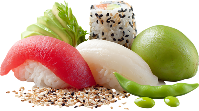 Delicious sushi platter with tuna scallop and avocado roll isolated on transparent background