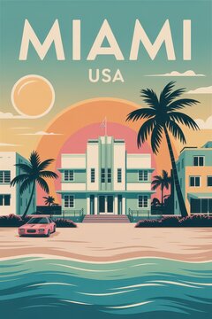 Vintage Travel Poster of Art Deco Beachfront and Skyline, Miami, USA

