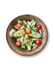 Salad with cucumbers, green lettuce, avocado, cherry tomatoes and pieces of chicken or salmon Top view isolated on white photo