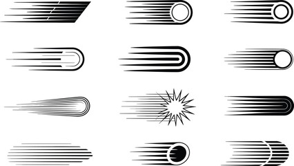 Vector illustrations of speed lines and motion effects in dynamic black and white graphic designs