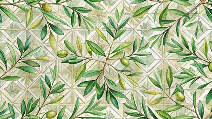 Watercolor Olive Branches and Green Tiles Seamless Pattern Mediterranean Style Background