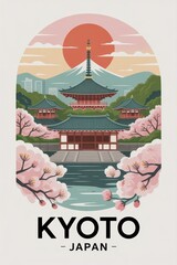 Naklejka premium Vintage Travel Poster of Traditional Temples and Cherry Blossoms, Kyoto, Japan