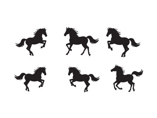 Black horse silhouettes in dynamic poses representing freedom and equestrian themes on white background