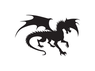 Black silhouette of a mythical dragon with wings and spiked tail ready to attack