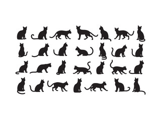 Collection of black cat silhouettes in various poses suitable for design and illustration