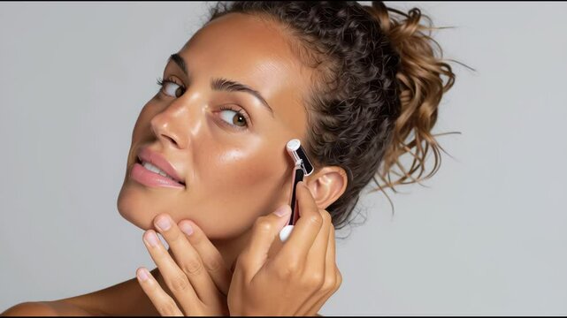 Woman Using Derma Roller on Face for Skincare Treatment - Close Up Beauty Routine for Healthy Skin, Anti-Aging, and Collagen Induction Therapy