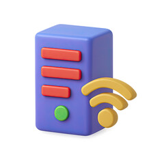 3D Render of a Purple Server with Orange Wifi Symbol on Dark Background