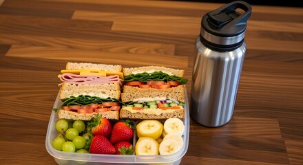A lunchbox filled with sandwiches, fruit, and a water bottle on a wooden surface is presented well
