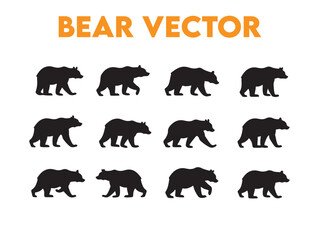 Vector illustration of stylized black bear silhouettes walking against a white background design