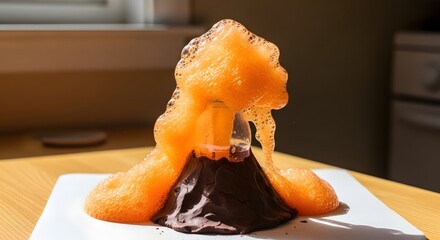A homemade volcano erupting with orange foam on a white plate in a brightly lit room indoors today