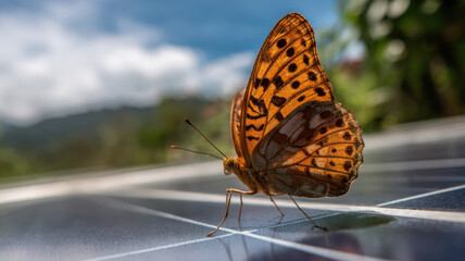 Obraz premium A butterfly perched on a solar panel, symbolizing harmony between nature and renewable energy