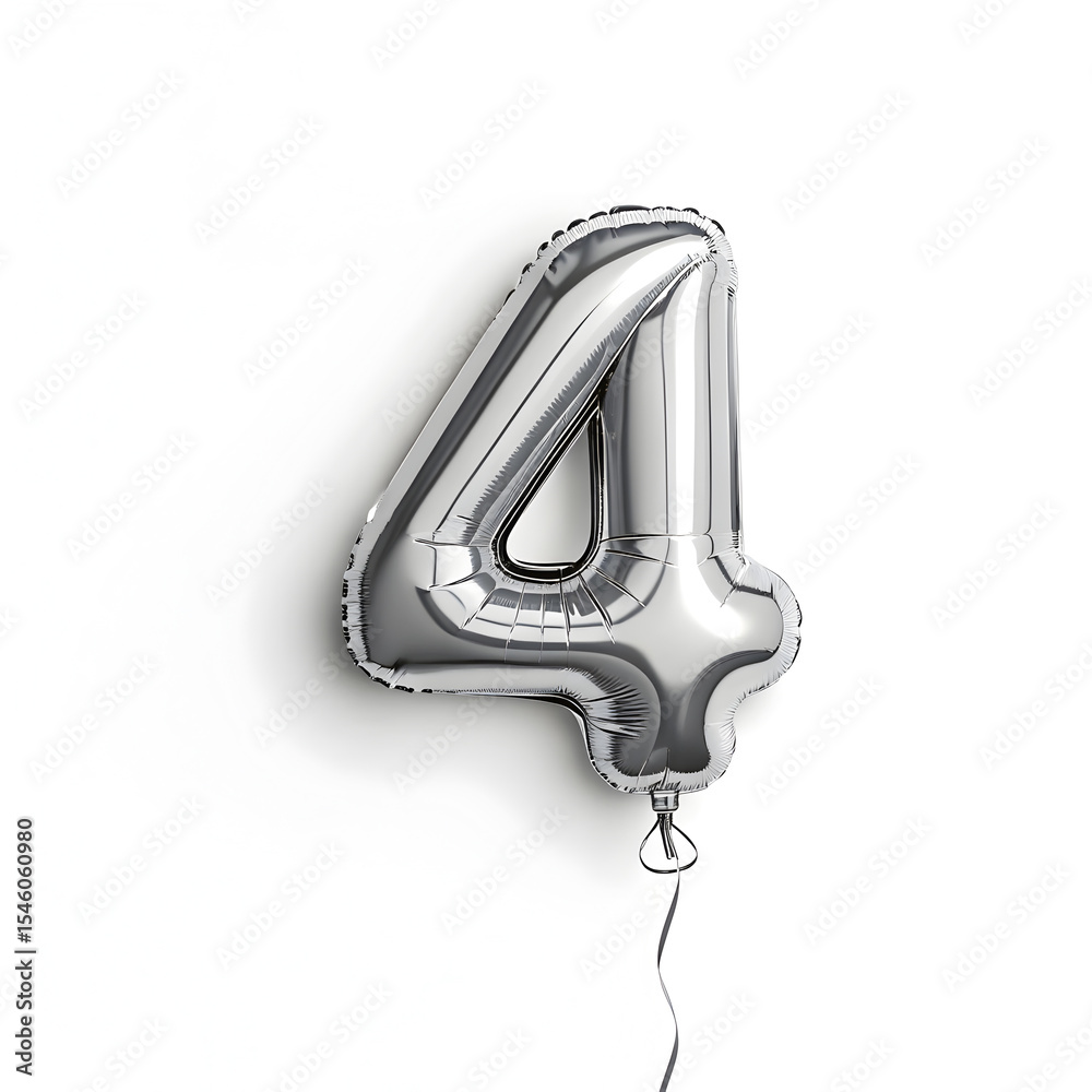 Fototapete a balloon shaped like the number 4 ,silver metallic finish with realistic reflections and smooth tex