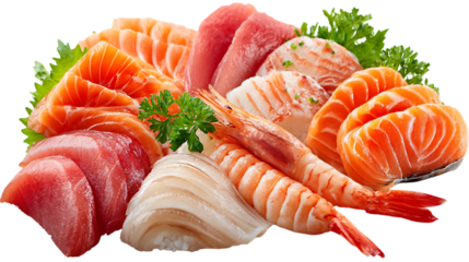 Delicious sashimi platter with salmon tuna shrimp isolated on transparent background