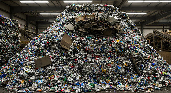 A large pile of crushed aluminum cans and scrap metal sits in a recycling facility, ready for processing.