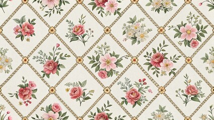 Elegant Floral Pattern with Diamond Lattice Roses and Greenery for Textile and Background Design