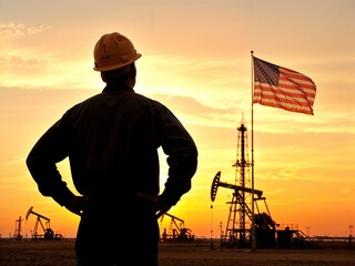 Lone oil rig worker on steel beam saluting American flag at sunset, desert wind blowing, oil rigs in background, wearing safety gear, industrial energy scene.