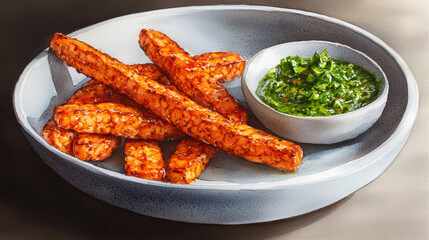 Delicious roasted tempeh served on modern plate with vibrant green sauce, showcasing healthy meal option