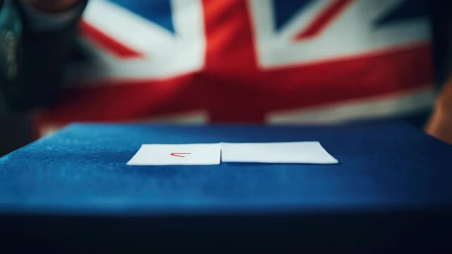Hands pressing buttons on a voting machine, with the British flag in the background.