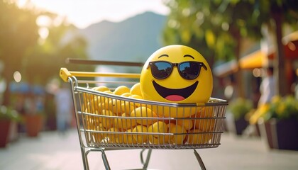 Sunny Emoji with Sunglasses in Shopping Cart Full of Lemons on City Street