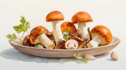Fresh mushrooms arranged rustic platter, showcasing their earthy tones and textures, evoke sense of natural beauty