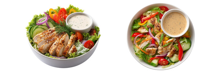 Set of Delicious chicken salad bowl with fresh vegetables and dipping sauce isolated on a transparent background