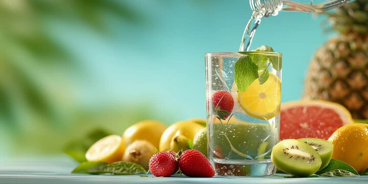 Ein Glas Wasser wird mit Wasser aufgef&uuml;llt. Rundherum Fr&uuml;chte. Sommergetr&auml;nk. Erfrischung.