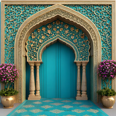 Ornate teal and gold archway with floral decorations and plants in gold pots