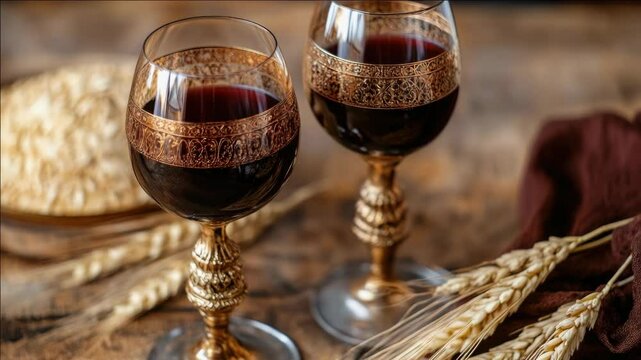 Two elegant wine glasses with a grape leaf etched pattern, set neatly at one end of a dining table. The table is set for a meal with gold-trimmed vases, salt and pepper shakers, and other dinnerware.