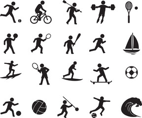 Collection of diverse stick figure athletes engaged in various sports activities silhouette icon